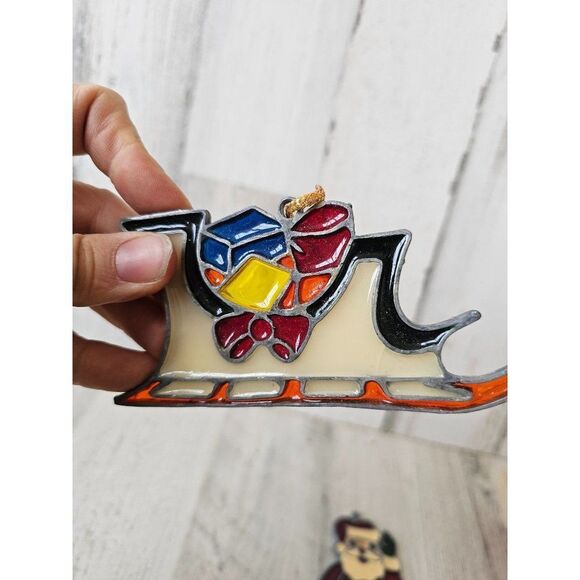 Vintage stained glass sleigh Santa ornament Xmas tree Sled - Picture 3 of 10